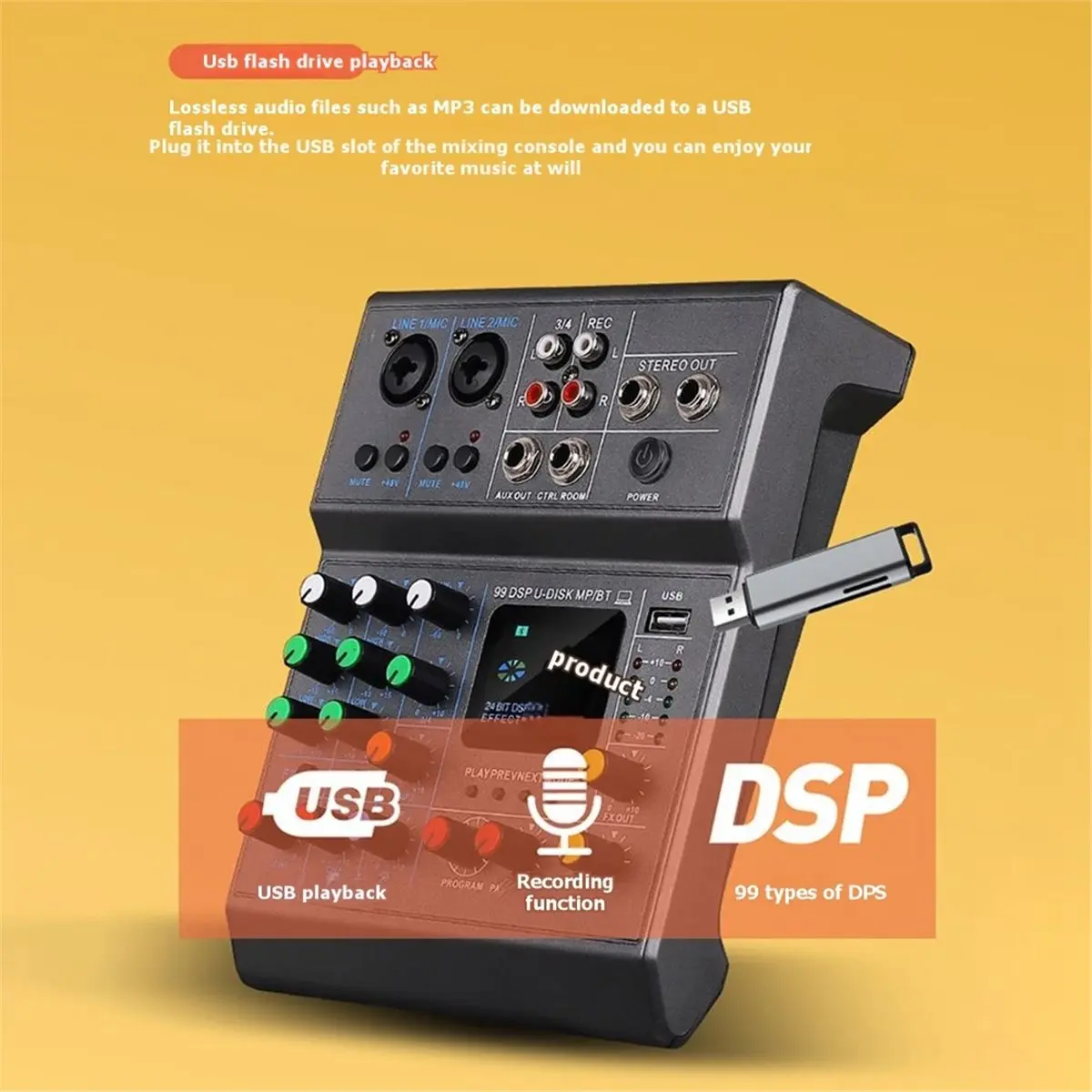 

Мобильный микшерный пульт INABEZ для вещания, 4-канальный, с Bluetooth, USB, цифровыми эффектами, аудиомикшер для студии