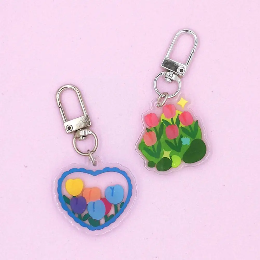 Porte-Clés Tulipe en Acrylique pour Femme et Fille, Pendentif en Forme de Cœur, Fleur, Mignon, Sac à Main, Accessoires de Sac d'École, W5K2