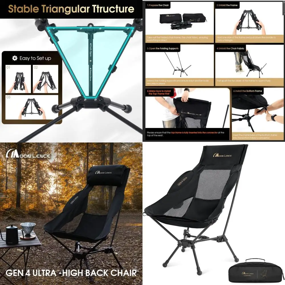 كرسي محمول عالي الظهر قابل للطي، سعة 330 رطلاً، مقعد عريض ودعم مريح (أسود)