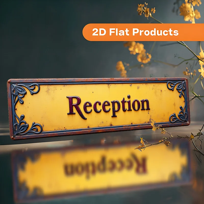 Flaches, großes, verziertes Empfangsschild im Vintage-Stil von 2D – Willkommens-/Empfangsschild aus robustem Aluminium mit goldenem Schriftzug und dunklem B