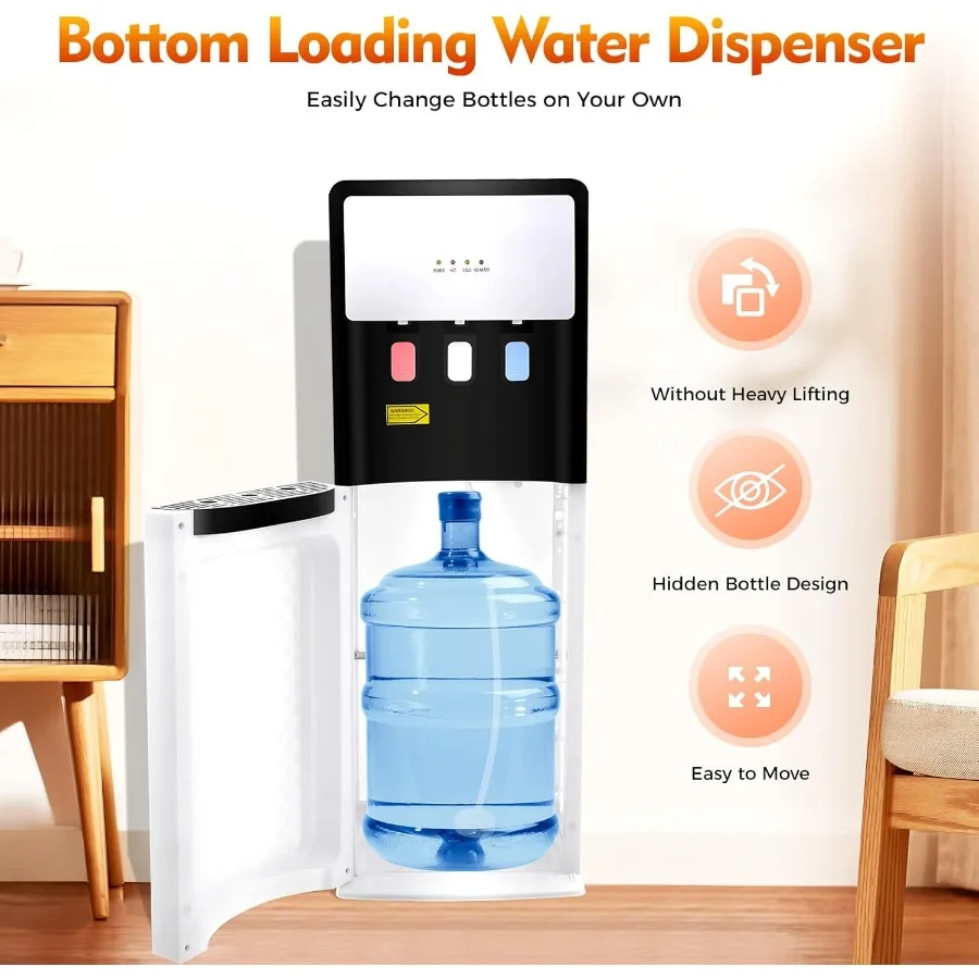 موزع مياه تحميل سفلي سعة 5 جالون مع 3 إعدادات لدرجة الحرارة، غرفة باردة ساخنة باللون الأبيض للاستخدام في المكاتب المنزلية