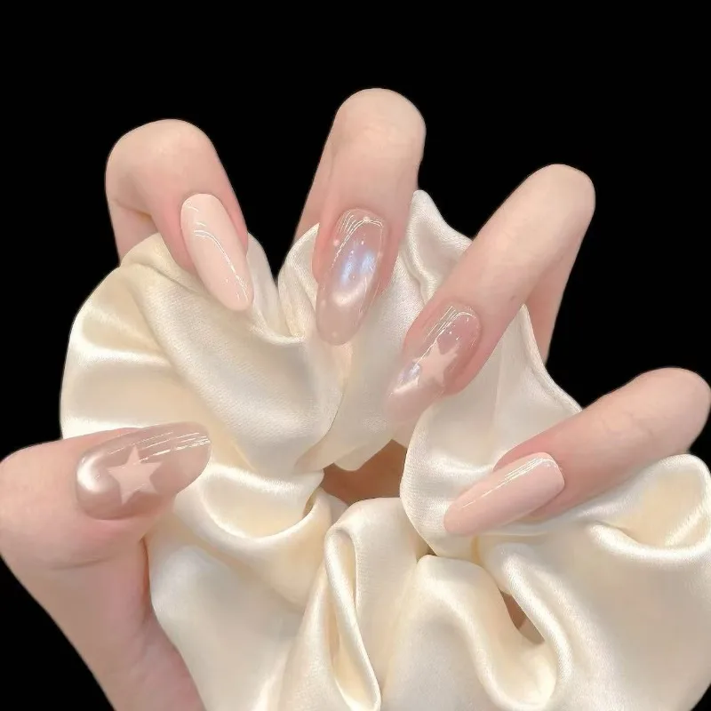 30Pcs False Nails Nude Pink with Stars and Teardrop-Shaped Polka Dots Press-On Nails Perfect As A Gift for Girls and Friends
