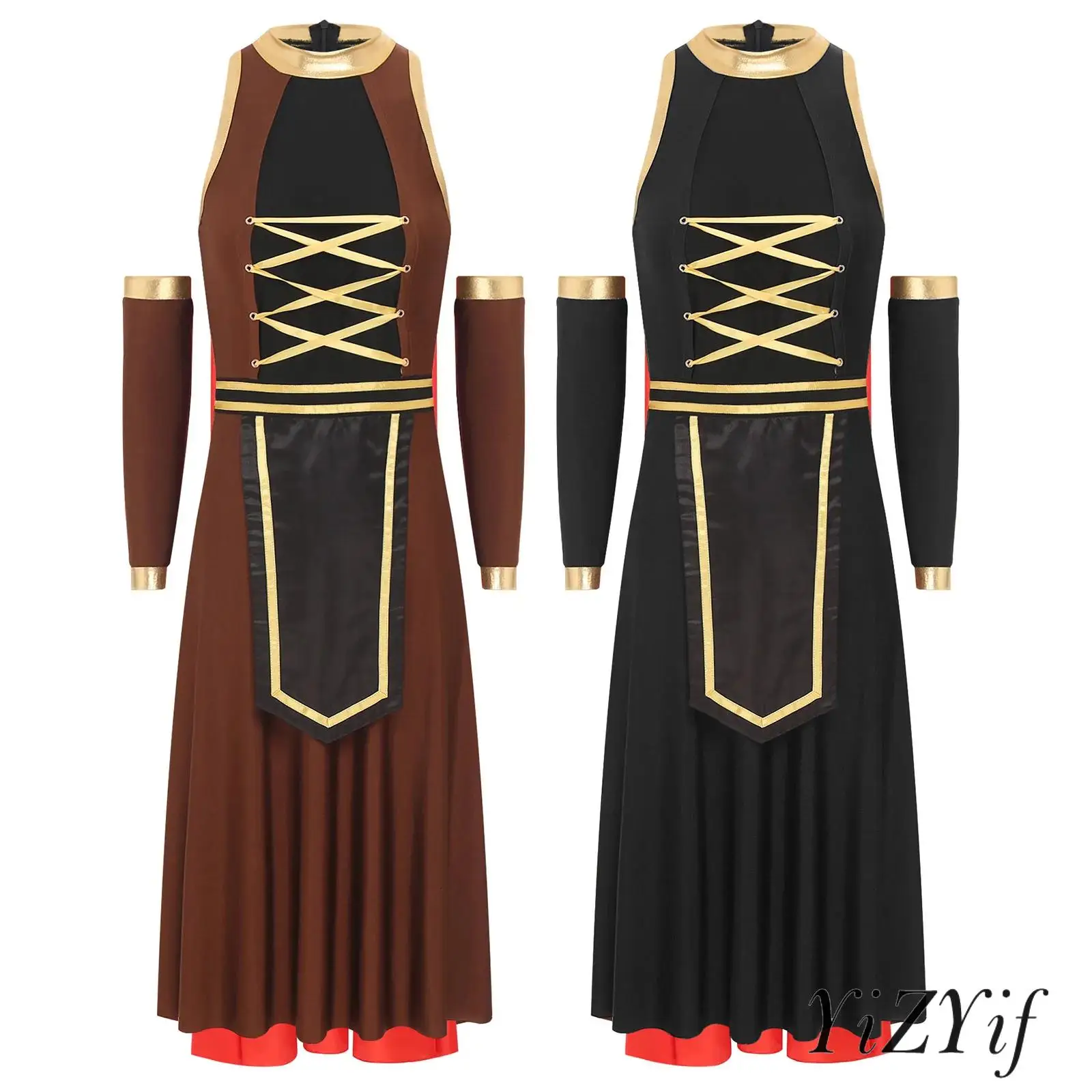 

Halloween Ancient Roman Female Warrior Cosplay Contrast Color Dress with Sleeves And Cloak Gladiator Dress-up Costume for Womens