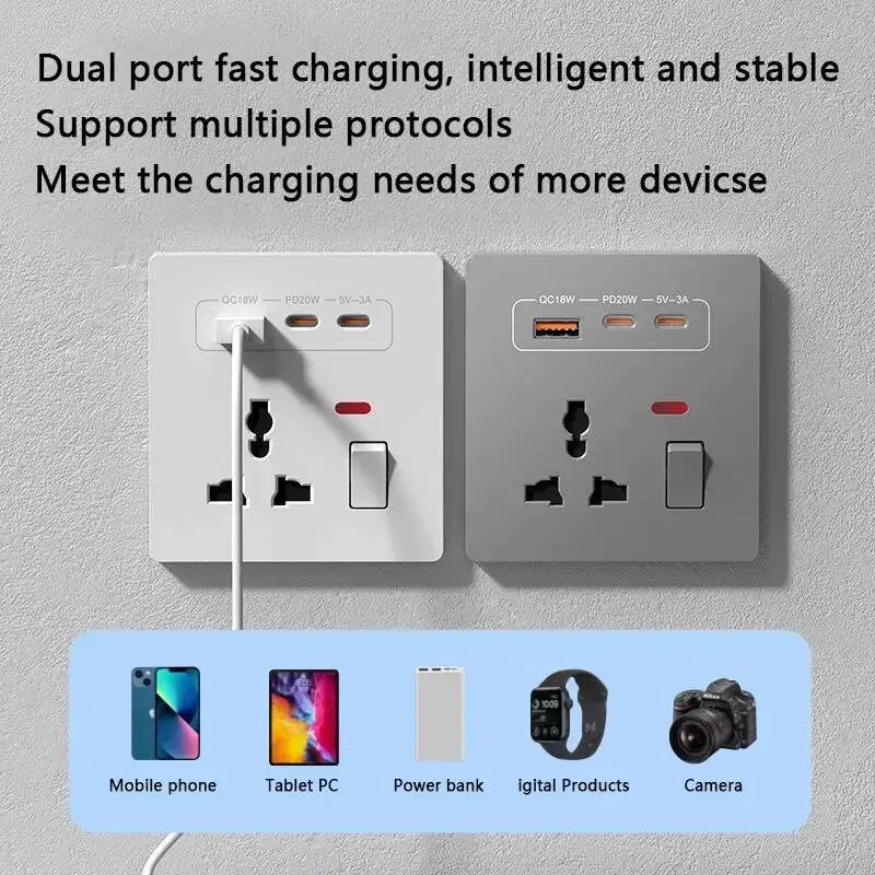 20W Fast Charging Universal Wall Socket With USB And Dual Typec Compatible For UK AU US TH EU Standard 86mm X 86mm Made In China