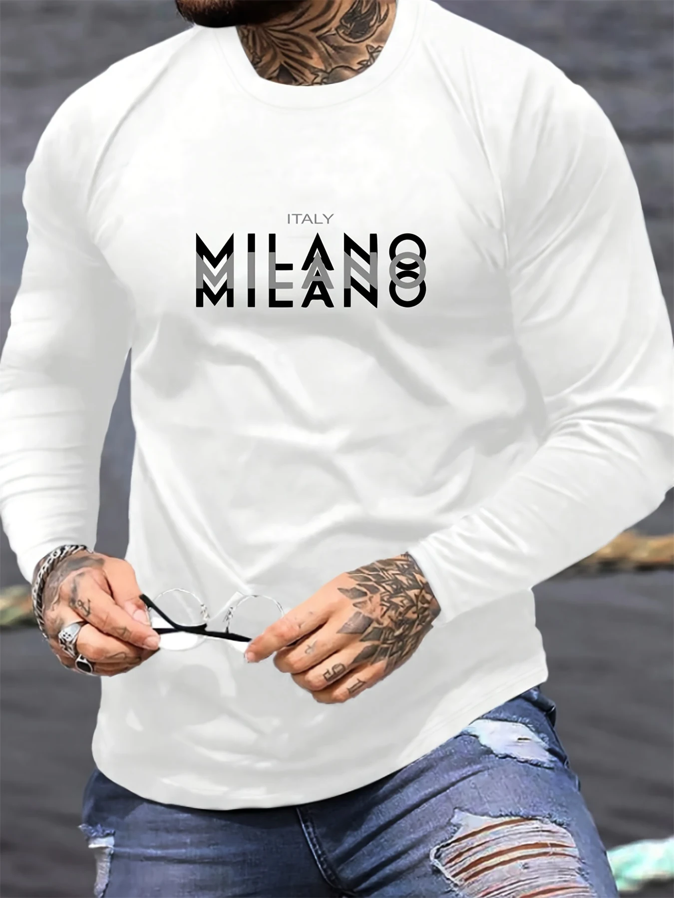 Men's 100% pure cotton loose fit plus size comfortable casual sports MILANO letter printed round neck long sleeved T-shirt top