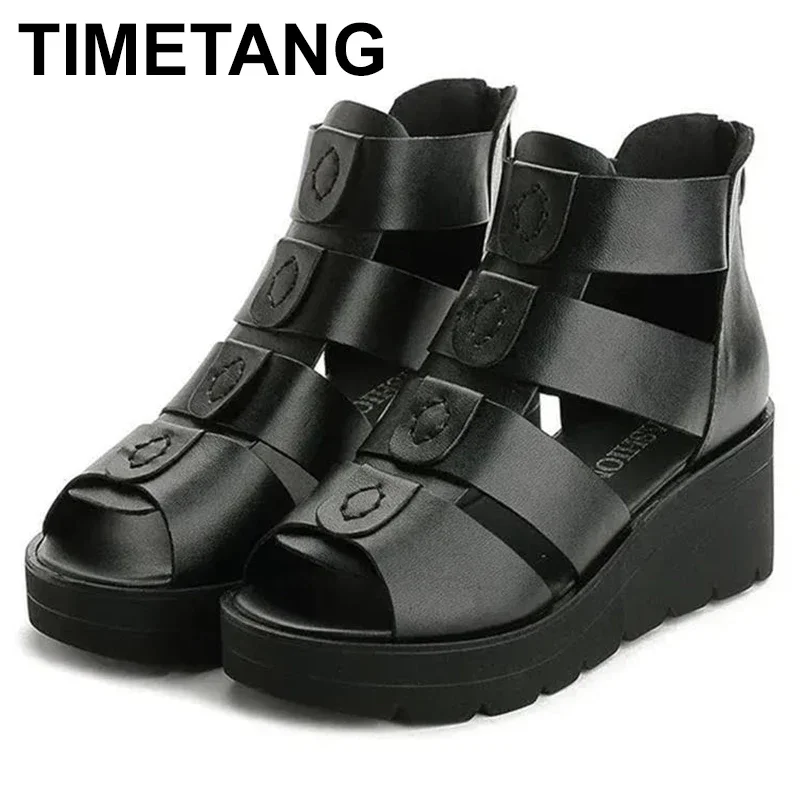 

2025 New Fish Mouth Top Cowhide Summer Sandals Thick Bottom Wedges Genuine Leather Sandals