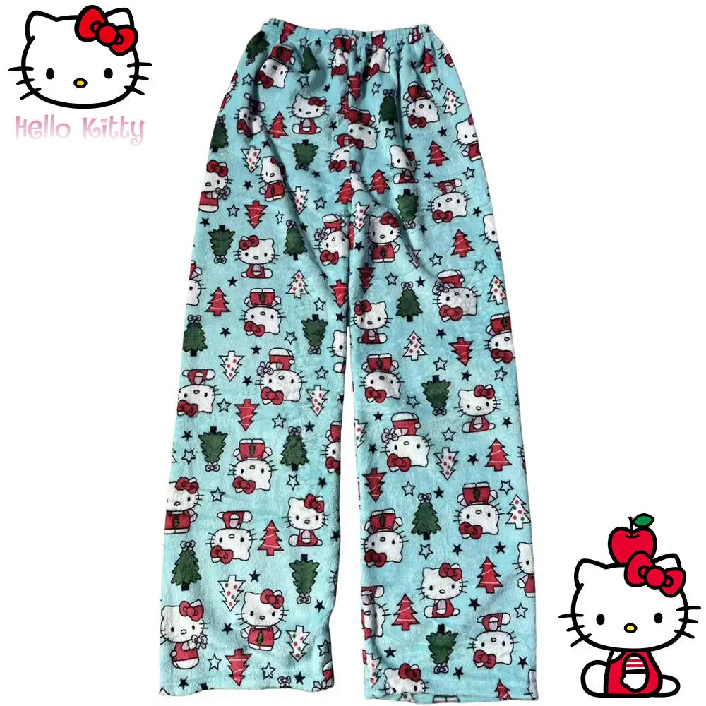 

Kawaii Christmas Hello Kitty Women Plush Pajama Pants Sanrio Cartoon Winter Warm Student Sleeping Pants Loose Casual Home Pants