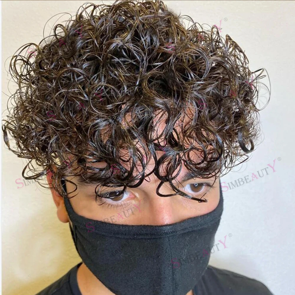 Tupé de pelo humano rizado para hombres, postizo de 20MM, rizado, todo en V, piel completa, pelucas de PU, 10x8 pulgadas, marrón y negro