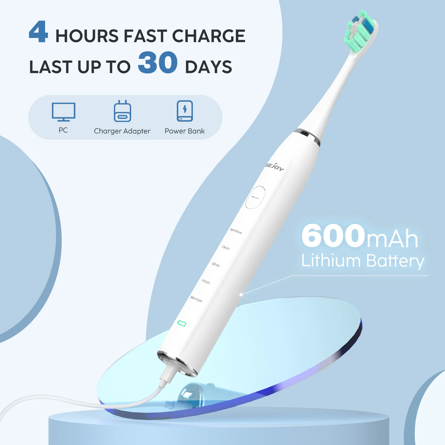 Cepillo de dientes eléctrico inteligente recargable con cabezal de repuesto de 12 Uds cepillo de dientes USB 5 modos cepillo de dientes sónico blanqueador limpio