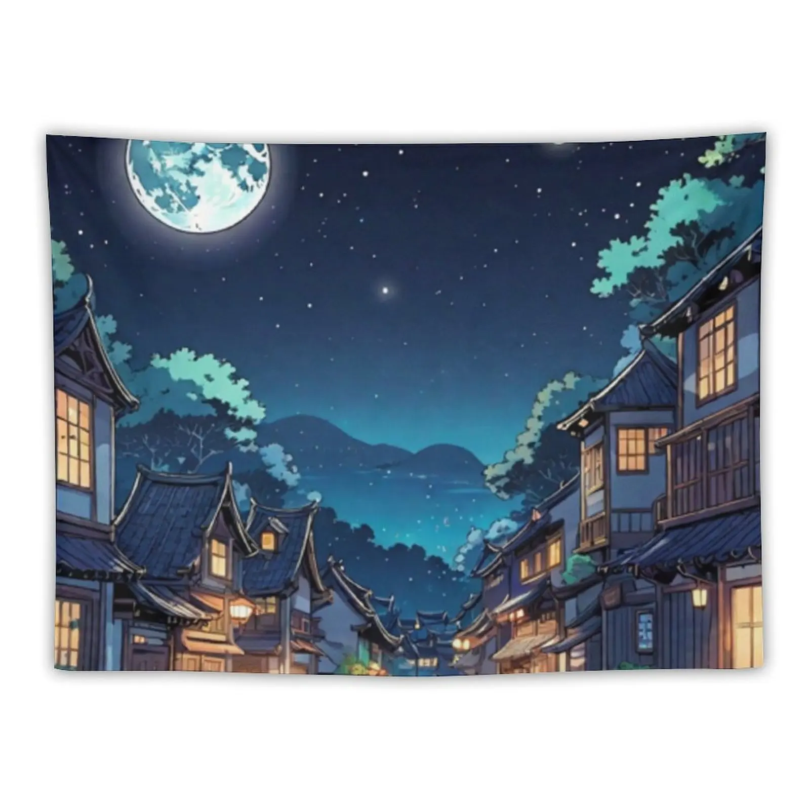 

A view of a small town at night with the full moon in cartoon form Tapestry Mushroom Decoration Home Tapestry
