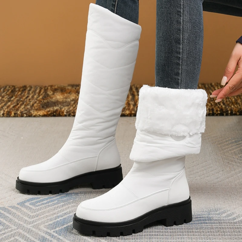 

White Women's Warm Fur Snow Boots Platform Plush Winter Mother Shoes Slip-on Waterproof Fashion Casual Block Heel Knee High Boot