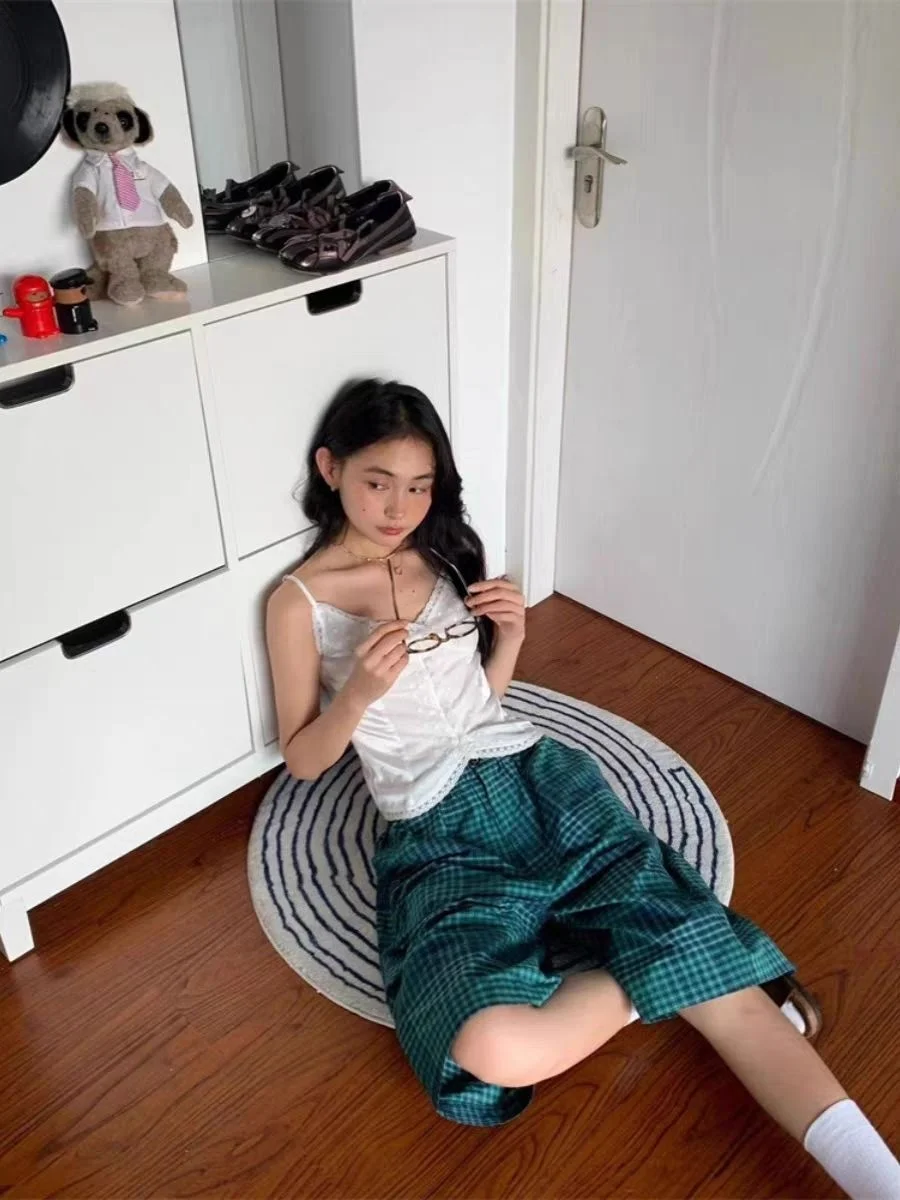 Celana Pendek Wanita Vintage Motif Kotak-kotak Hijau 2025 - Celana 7/8 Longgar Berpinggang Tinggi, Streetwear Kasual Lucu untuk Musim Semi Musim Panas Y2K emo