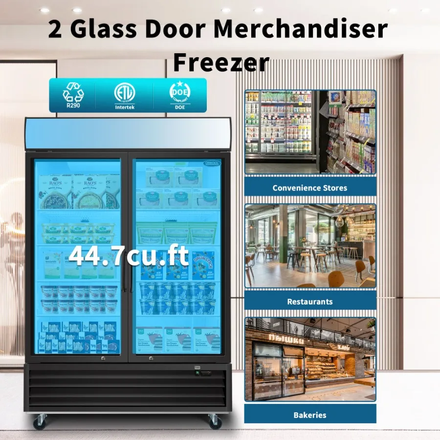 ORIKOOL กระจกประตูสินค้าตู้แช่แข็ง 44.7 Cu.ft Swing ประตู Commercial ReachIn จอแสดงผลตู้แช่แข็ง LED แผงด้านบนตรง Fr