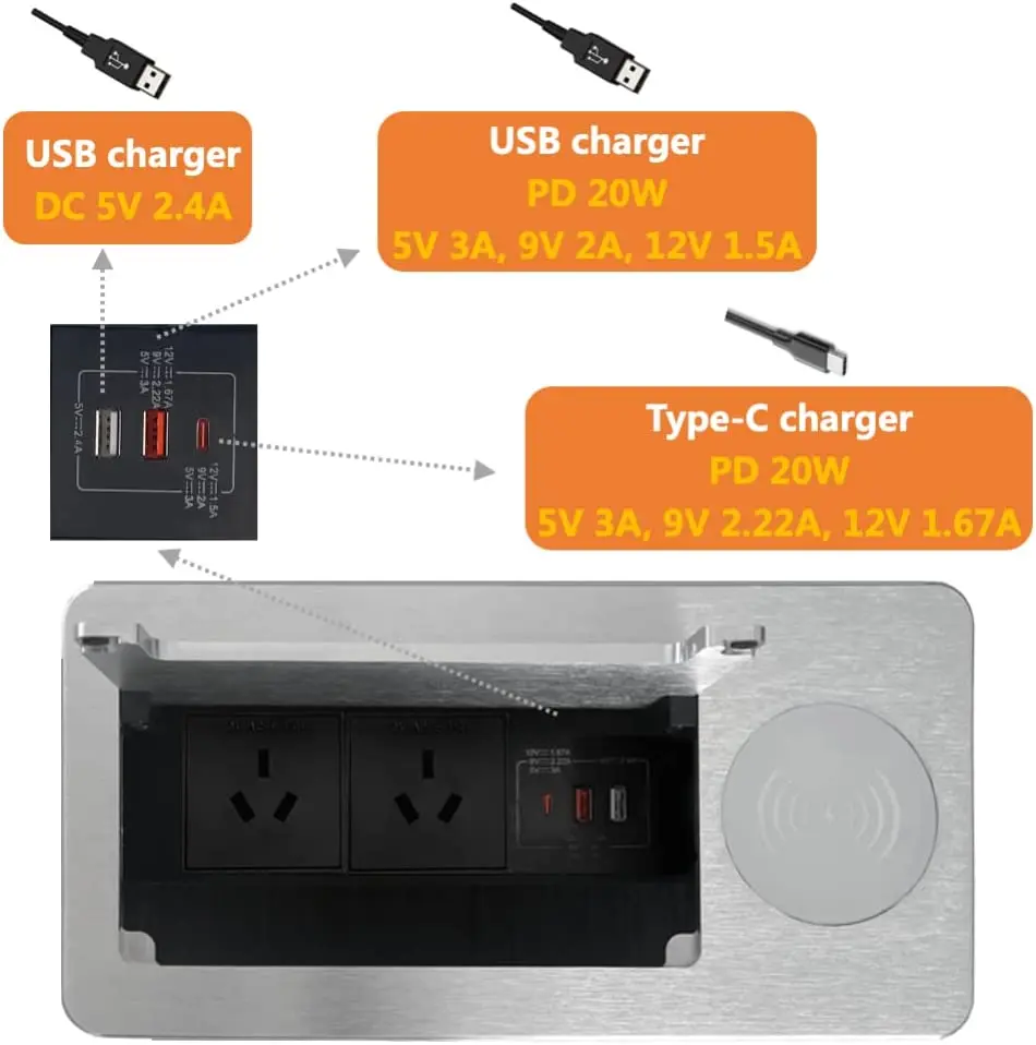 AU power outlet Flip cover brush cable cubby desk grommet power socket desktop brushed wireless socket box for conference table