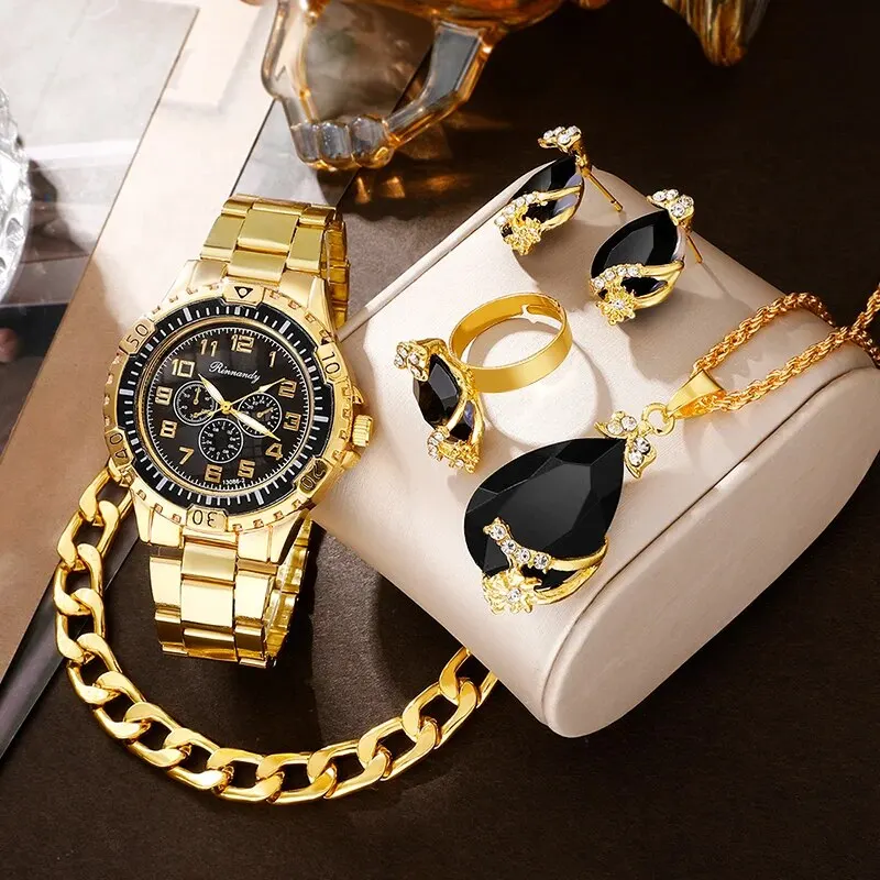 Golden Luxury Watch Women Ring Necklace Earring Rhinestone Fashion Wristwatch Casual Ladies Bracelet Watches Jewelry Set