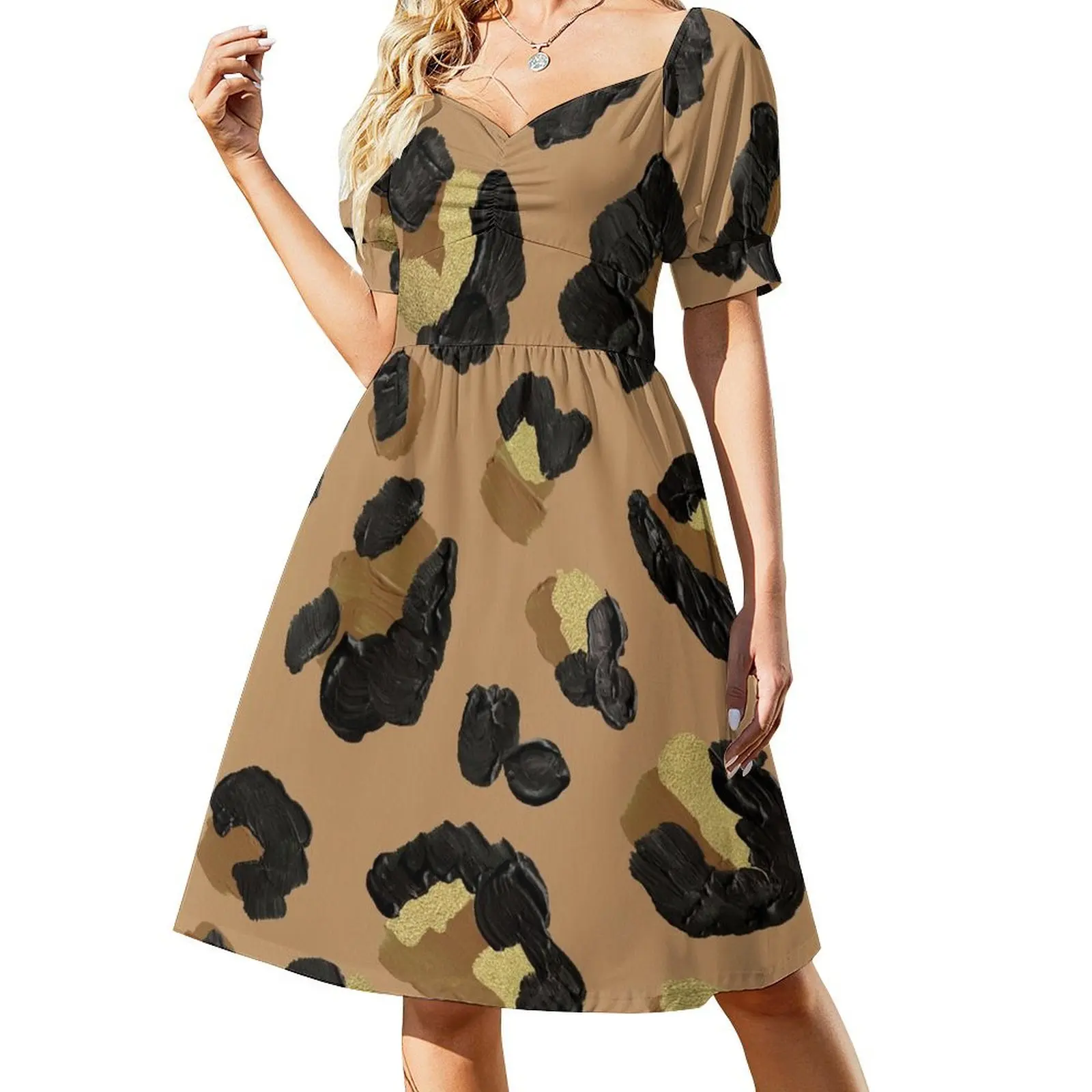 

Leopard Print – Neutral & Gold Palette Short Sleeved Dress Dress vintage Women's summer dress