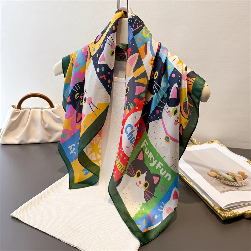 

Luxury Square Scarf For Women Elegant Ladies Hijab Soft Stain Neckerchief Bandanas Cartoon Cat Print Silk Scarves Woman Shawl