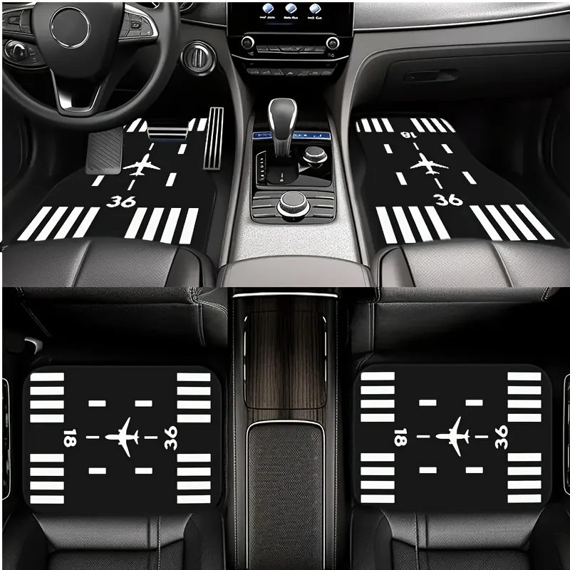 

4pcs Aviation-Themed Car Floor Mats - Absorbent, Non-Slip Polyester, Fit, Front & Rear Seat Cushion Set With Runway Design