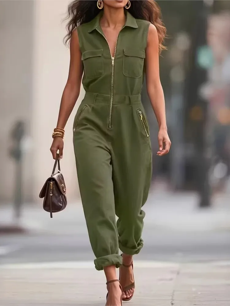 Streetwear Jumpsuit For Women Fashion Sleeveless Zipper Turn-down Collar Long Pants Jumpsuits Lady Casual Solid Women's Clothing