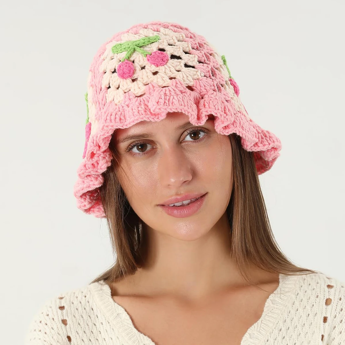 Crochet Bucket Hat for Women Handmade Floral Hat Portable Knitted Beanies Girl Elastic Cute Beach Hat for Vacation Traveling