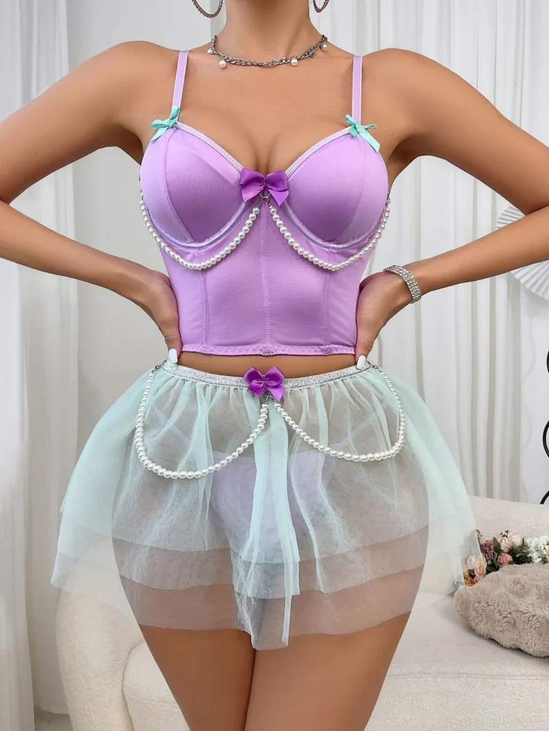 جديد مثير الدانتيل صديرية دائرية تنورة قصيرة شير مثير مجموعات شبكة شفافة Bowknot تنورة الرغبة النقية الساحرة أنيقة تنورة مجموعات L3IF #1