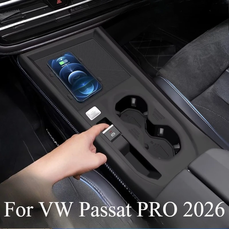 

For VW Passat PRO 2026 Interior Accessories | Center Console Wrap Cover + Phone Charger Pad Silicone Insert Mat