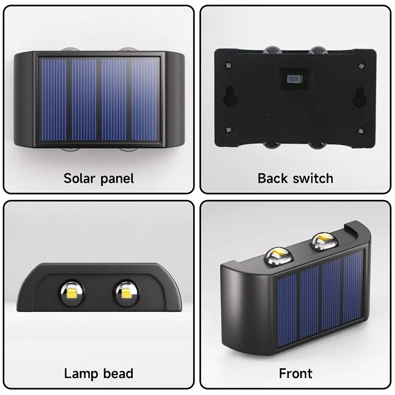 Zewnętrzne światła solarne lampa wodoodporna ściana ciepła, jasna z 4 ledami 6LED 8LED w górę iw dół świecąca lampa słoneczna do dekoracji ogrodu