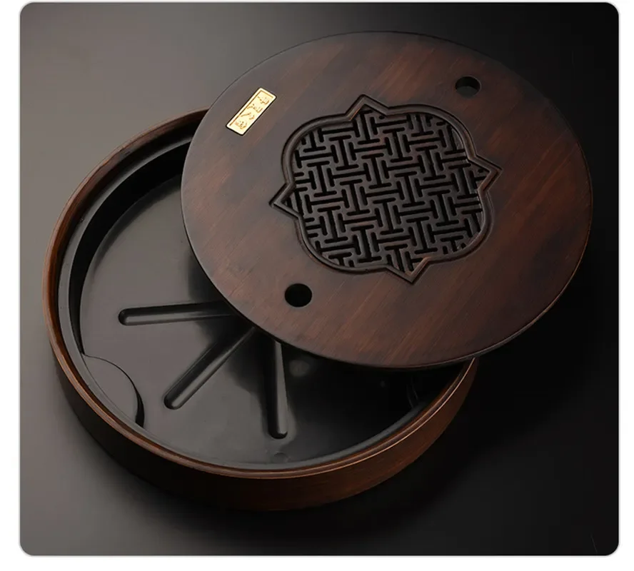 Round BambooTea Tray Water Storage Chinese Tea Borad Kung Fu Set Table Retro Window Grille Design
