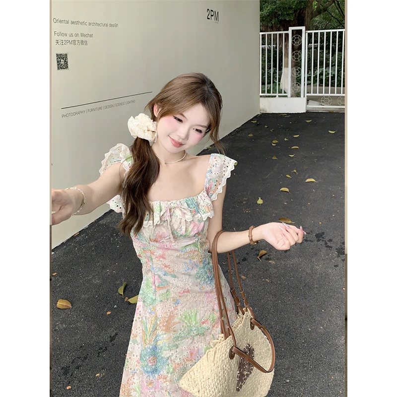 

Leisure Fashion Korean 2024 Summer New Square Neck Bow Exquisite Girl Big Ruffle Edge Waist Slimming Jacquard Printed Chic Dress