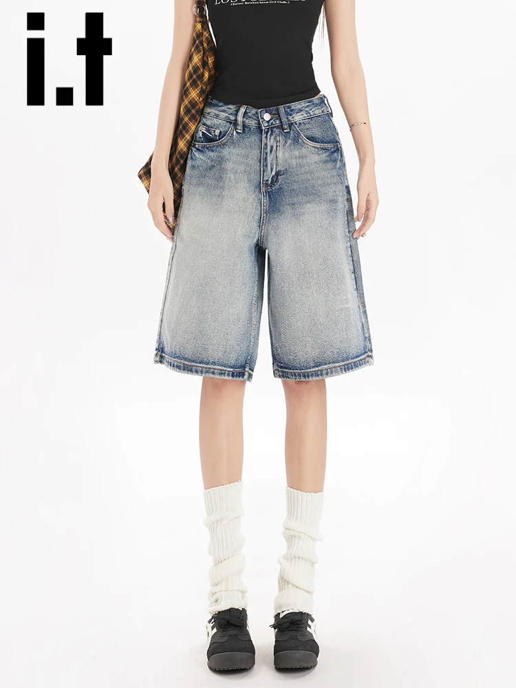 

American Retro Five-Point Denim orts Women's Summer Loose Straight Leg 5-Point Mid-Pants High Waist Straight Tube Jeans