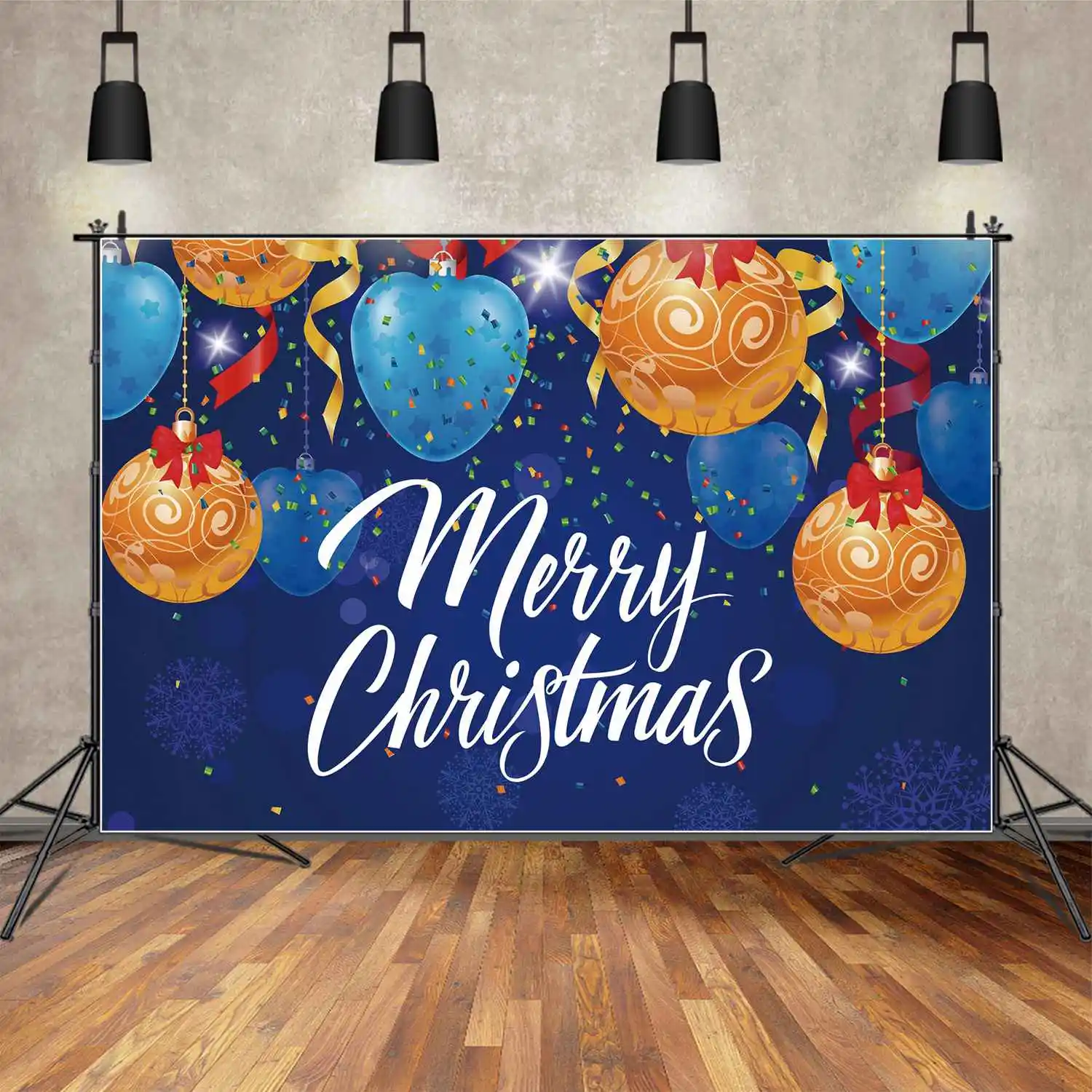 MOON.QG Backdrop Bluey Merry Christmas Party Banner Gold Bell Ball Decoration Background Children's Snowflake Ribbon Photo Booth
