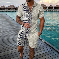 Vintage Men's Suit Fashion Zipper Polo Shirt Shorts Pants Two Piece Set 3D Print Oversize Men Clothing Tracksuit Set Clothing