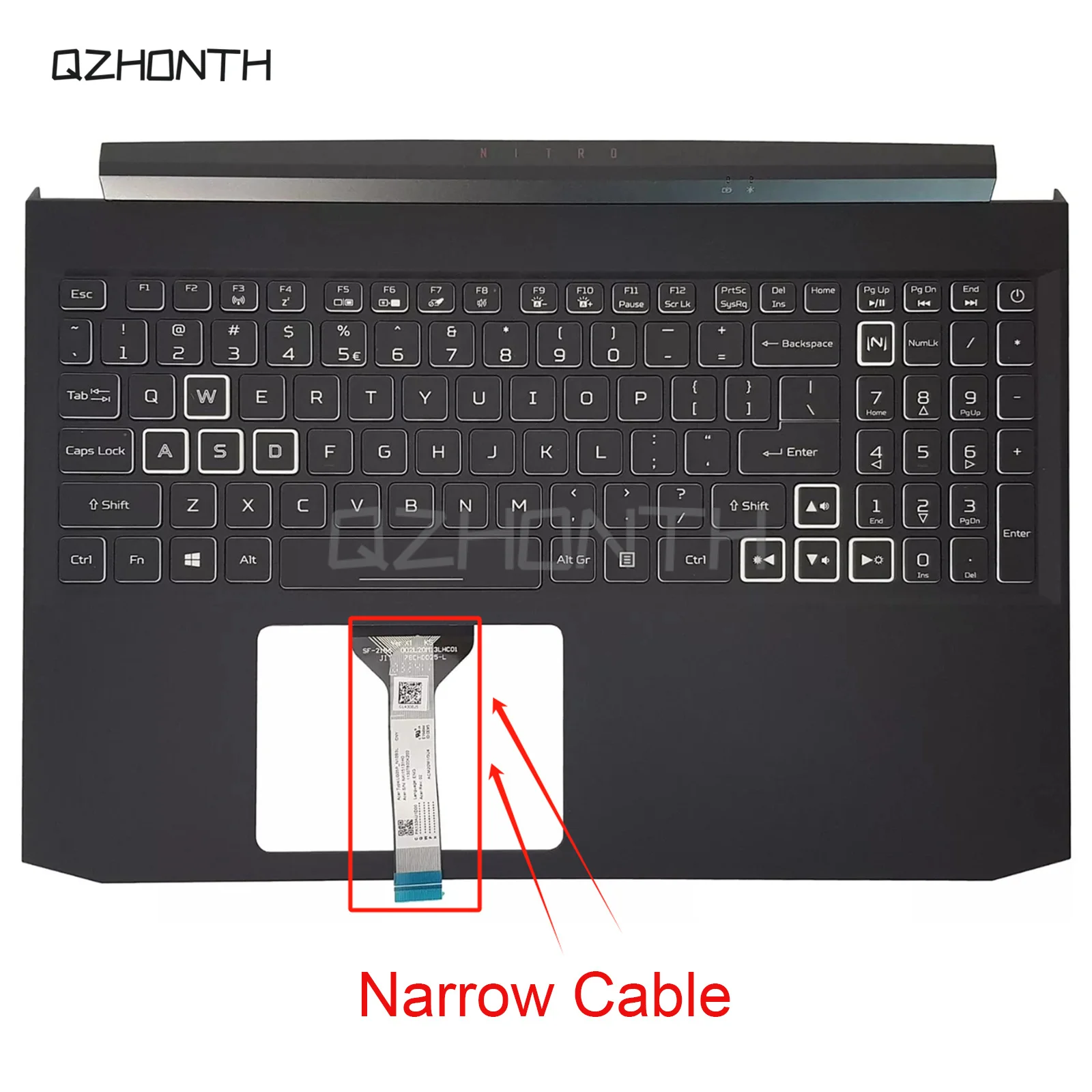 Used For Acer Nitro 5 AN515-55 AN515-44 56 57 Palmrest with White Backlit Keyboard (Narrow Cable) 15.6