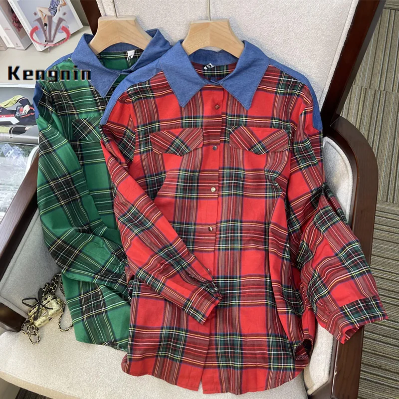 

2024 Autumn European French Chic Women's Shirts Denim Patchwork Plaid Lady Blouse Loose Long Sleeve Female Tops Blause KN528