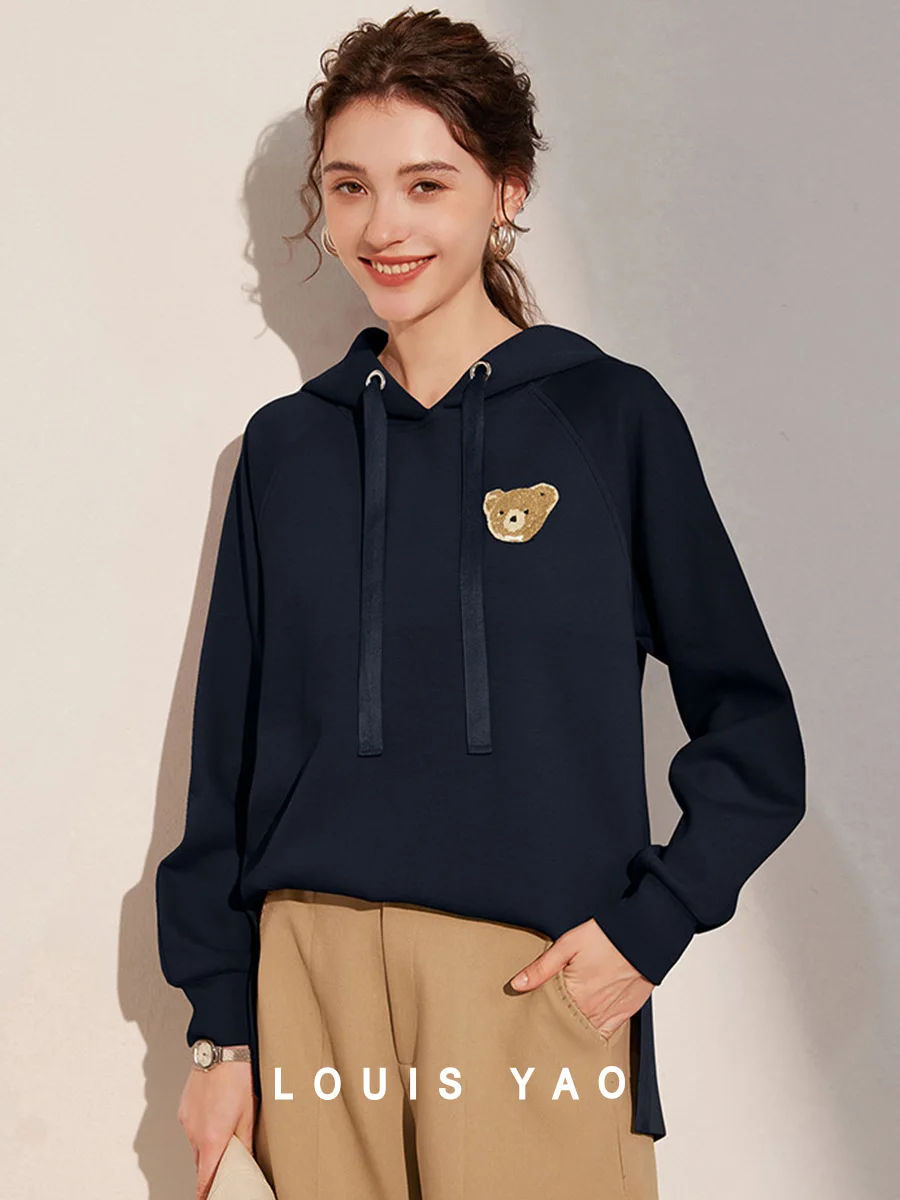 LOUIS YAO 2024 Autumn Hooded Casual Age Reducing Hoodie Three-dimensional Embroidery Loose Long Sleeved Women's Hoodie