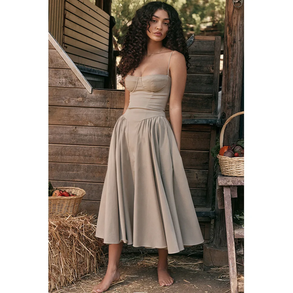 Sommer Frauen elegante ärmellose rücken freie Falten kleider Dame sexy feste Schlinge Midi-Kleid 2024 weibliche Party Abend A-Linie Roben – Detail 3