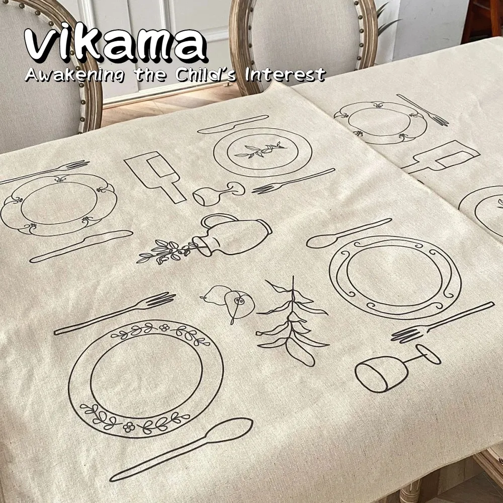 VIKAMA Creative Sketch Linen Tablecloth, Waterproof Indoor-Style Table Cover, Modern Picnic Cloth Coffee Table Cover tablecloth