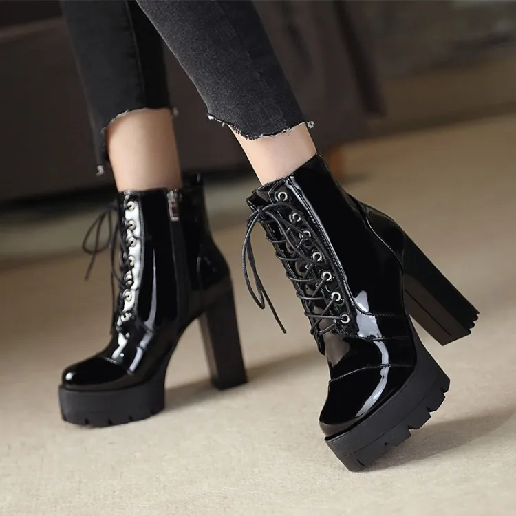 Lace Up Boots Women Shoes Autumn Winter Footwear Luxury Designer Boots-Women Round Toe 2024 Rubber Ladies High Heel Fashion Ankl