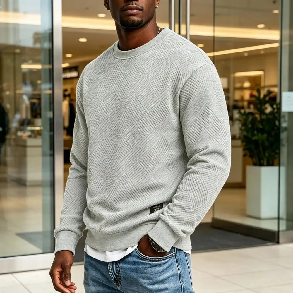 Men Crewneck Sweatshirt, Soild Color Geometric Texture Sweatshirt, Casual Loose Fit Pullover Shirt Daily Commuter Streetwear