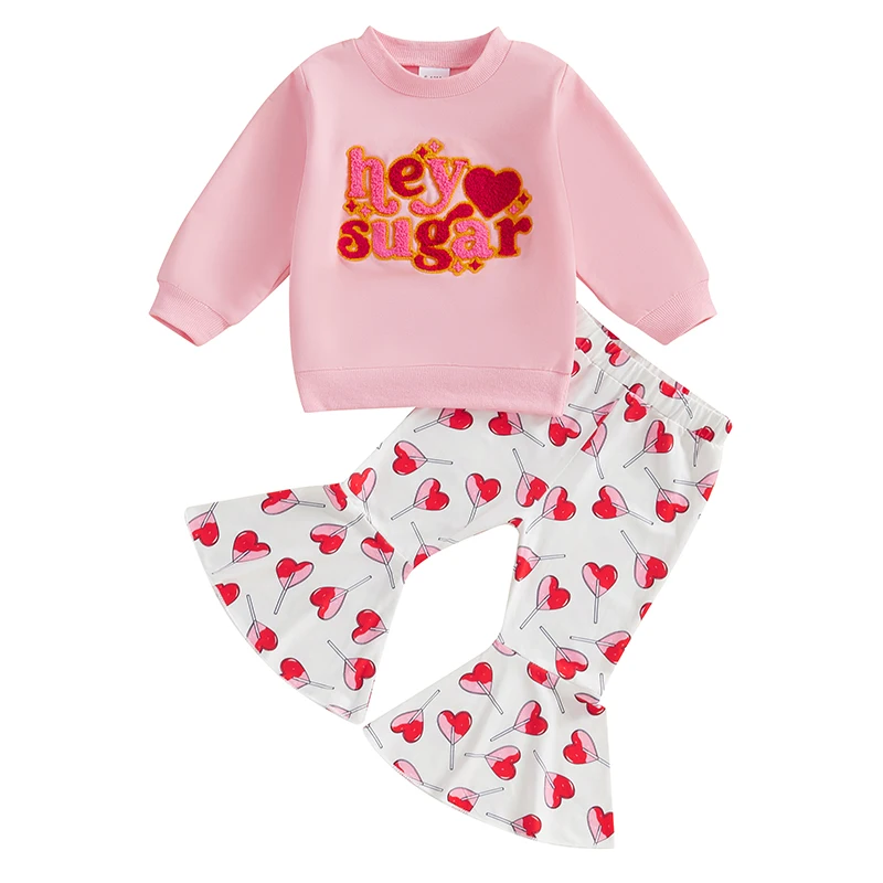 Toddler Girl Valentine’s Day Outfits Long Sleeve Sweatshirt Heart Lollipop Flare Pants Set Baby Clothes