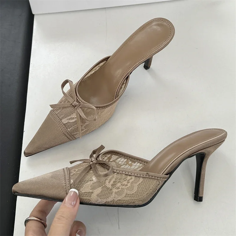 Eilyken Elegant Mesh Fabric Butterfly-knot Pointed Toe Slippers Women Sexy Thin Heels Party Prom Mule Shoes
