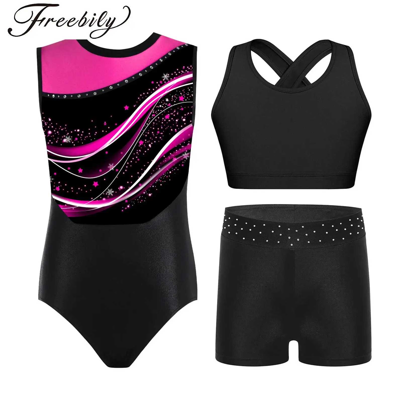 

Kids Girls Gymnastics Dance Outfit Ballet Leotard Sleeveless Print Dance Bodysuit with Vest Shorts Dancewear Set Skating Yoga