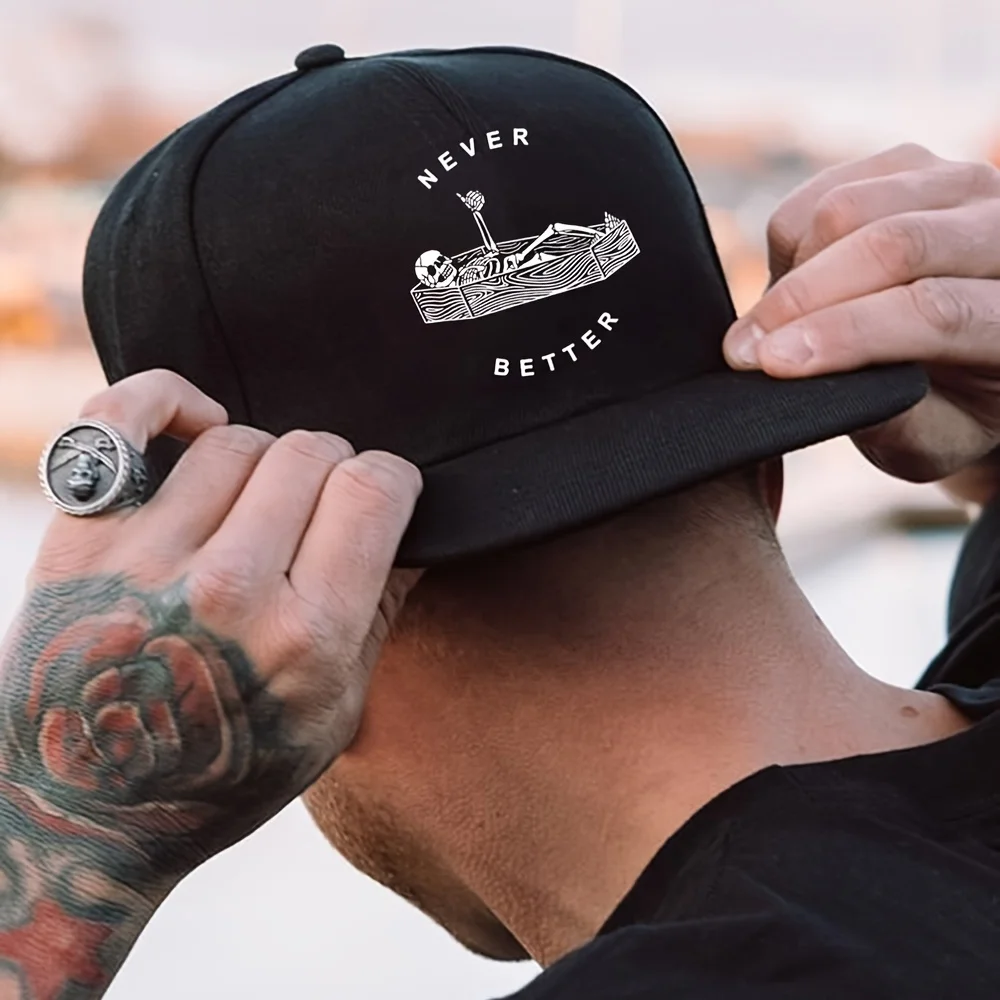 Unisex Adjustable Skull Print Snapback Cap - 