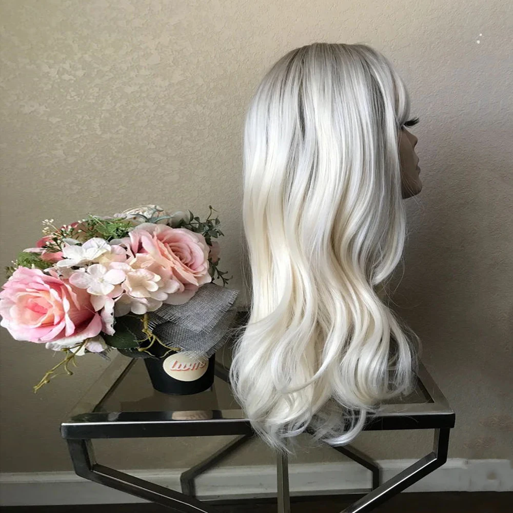 24'' Ombre Dark Root Platinum Blonde Synthetic Lace Front Wig Heat Friendly Fiber Wavy Wig 10% Mixed Human Hair Lace Wig Cosplay