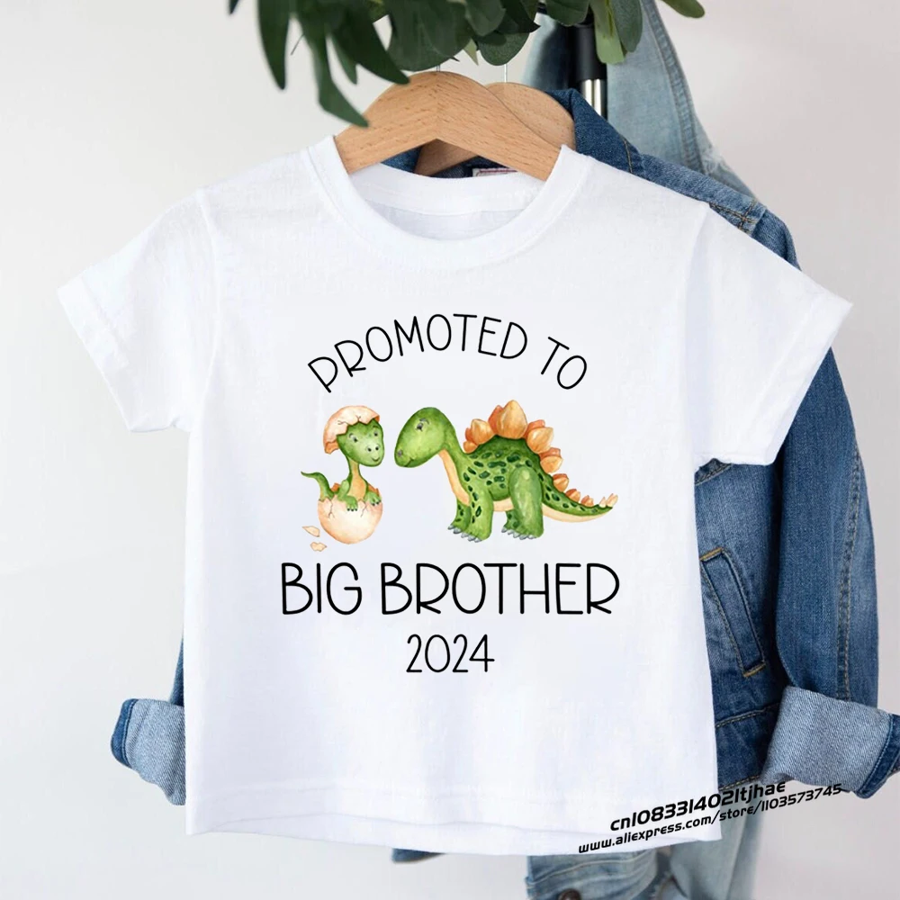 Promoted To Big Brother 2024 Dinosaur Print T-shirt Baby Announcement T Shirt Girls Outfit Tops Toddler Tshirt Summer Clothes