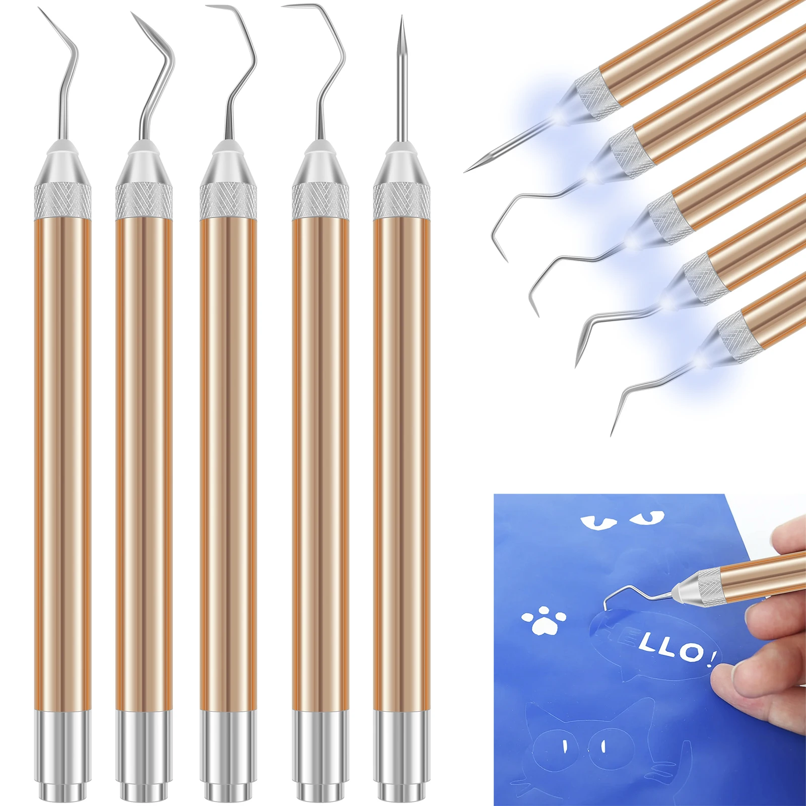 5pcs Embossed Lettering Tools LED Light Weeding Pen for Crafting Silhouettes Painting Portable Vinyl Weeding Hook Pin Basic Tool