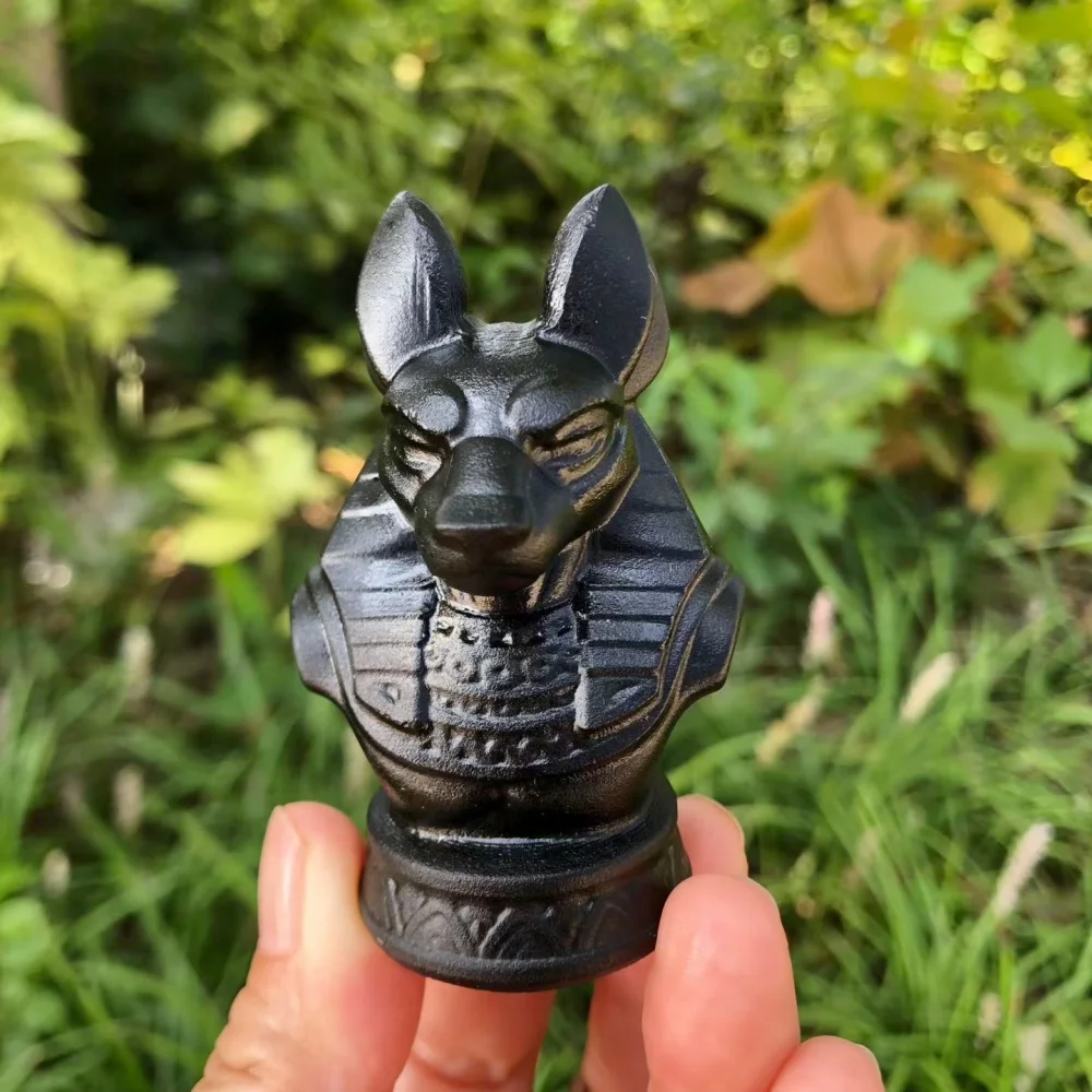 Natural Black Obsidian Anubis Bust Figurine Egyptian God Statue Healing Crystal Gemstone Statue Home Desk Decor Spiritual Gift