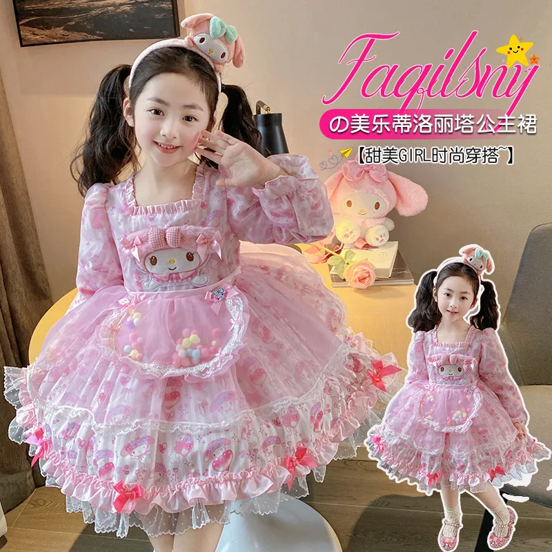 Kawaii Kids Clothes Spring Autumn Princess Dress Sanrios My Melody Girl Lolita Dress Cosplay Costume Birthday Party Sweet Skirt