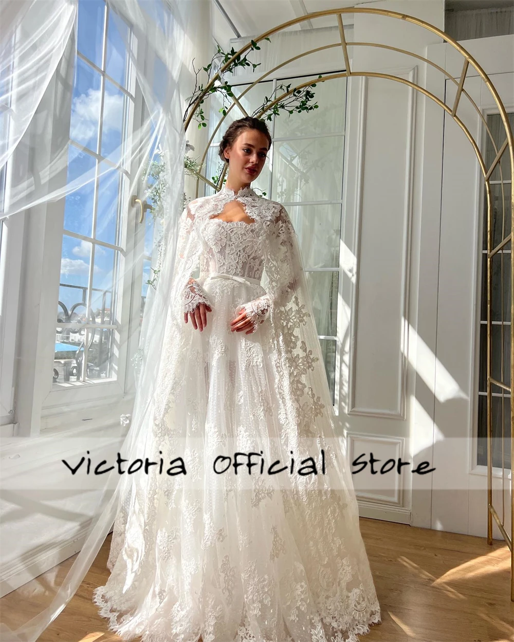 Dreamy White Lace Applique Wedding Dresses Off The Shoulder Long Sleeves Dubai Engagement Gowns With Cape A Line Customized