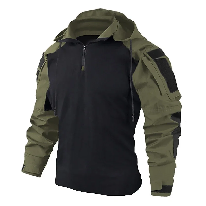 Men's Tactical Hunting Camouflage Hoody Shirt - Outdoor Combat Uniform with Cool Hooded Long Sleeve, Equipment.